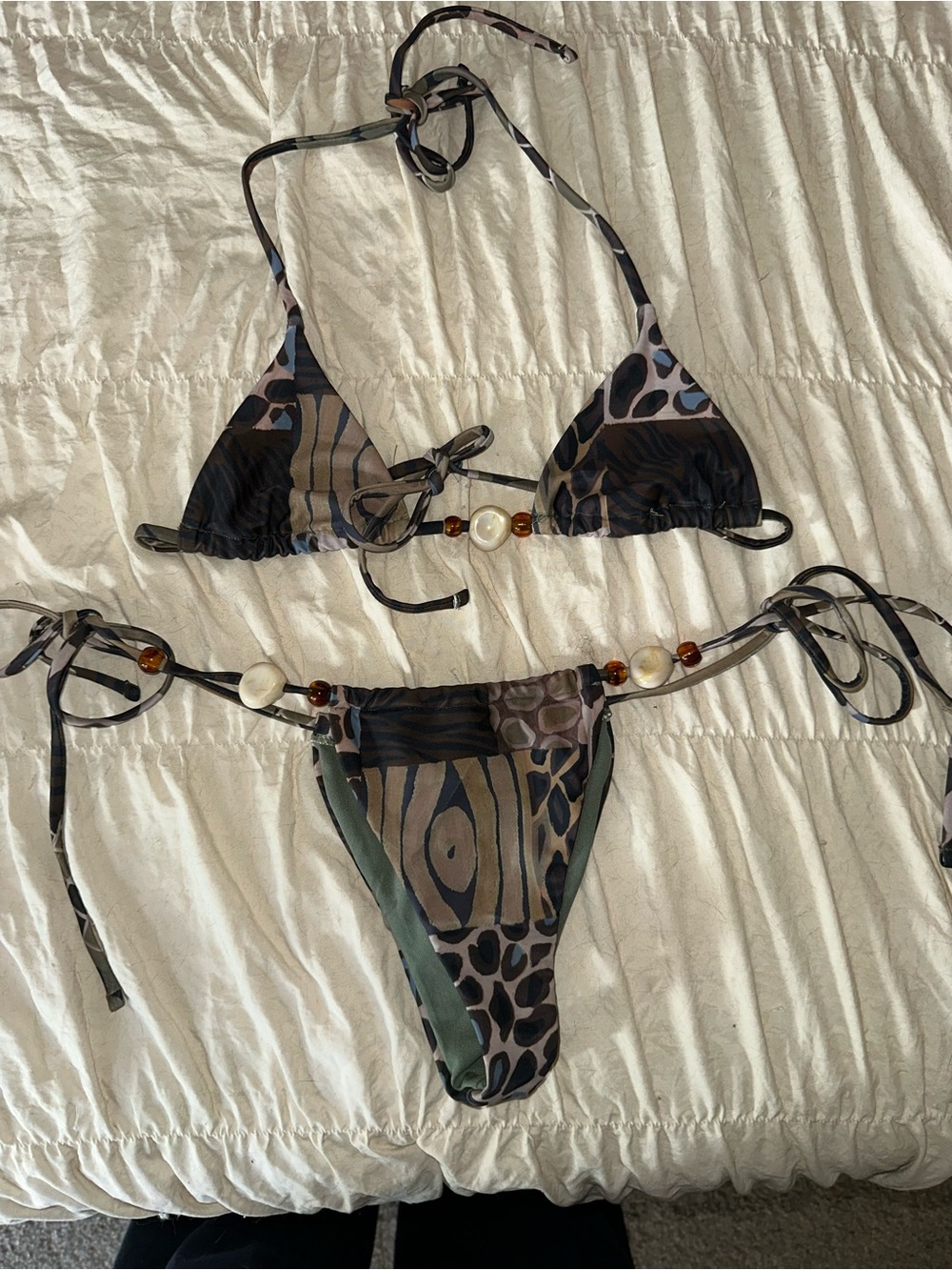 Abstract Olive & Black Tie-Side Triangle Bikini with Shell Bead Accents